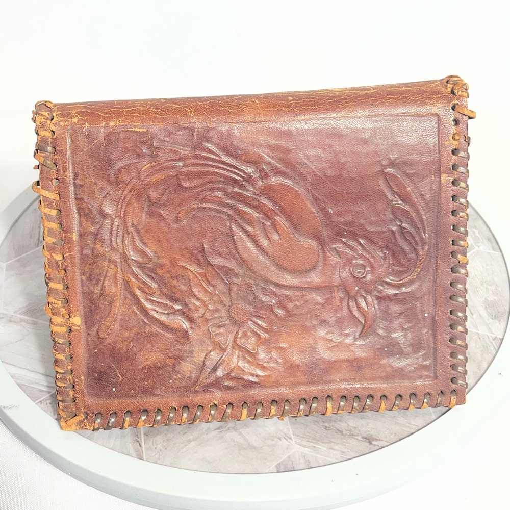 Vintage Tooled Leather Rooster Photo Frame Tri Fold Western Rustic Picture